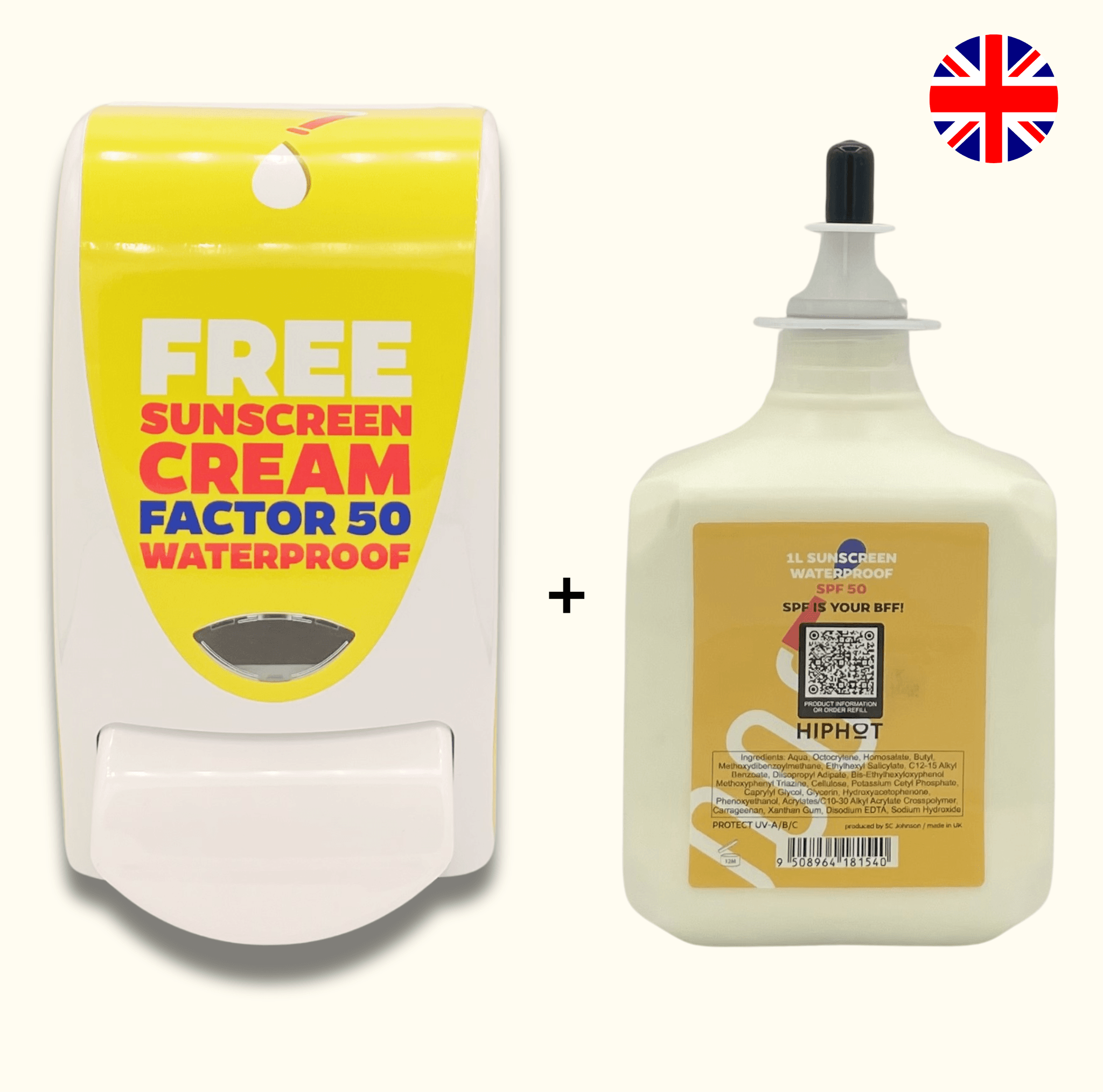 Sunscreen dispenser SPF 50 with English print and 1 litre sun cream