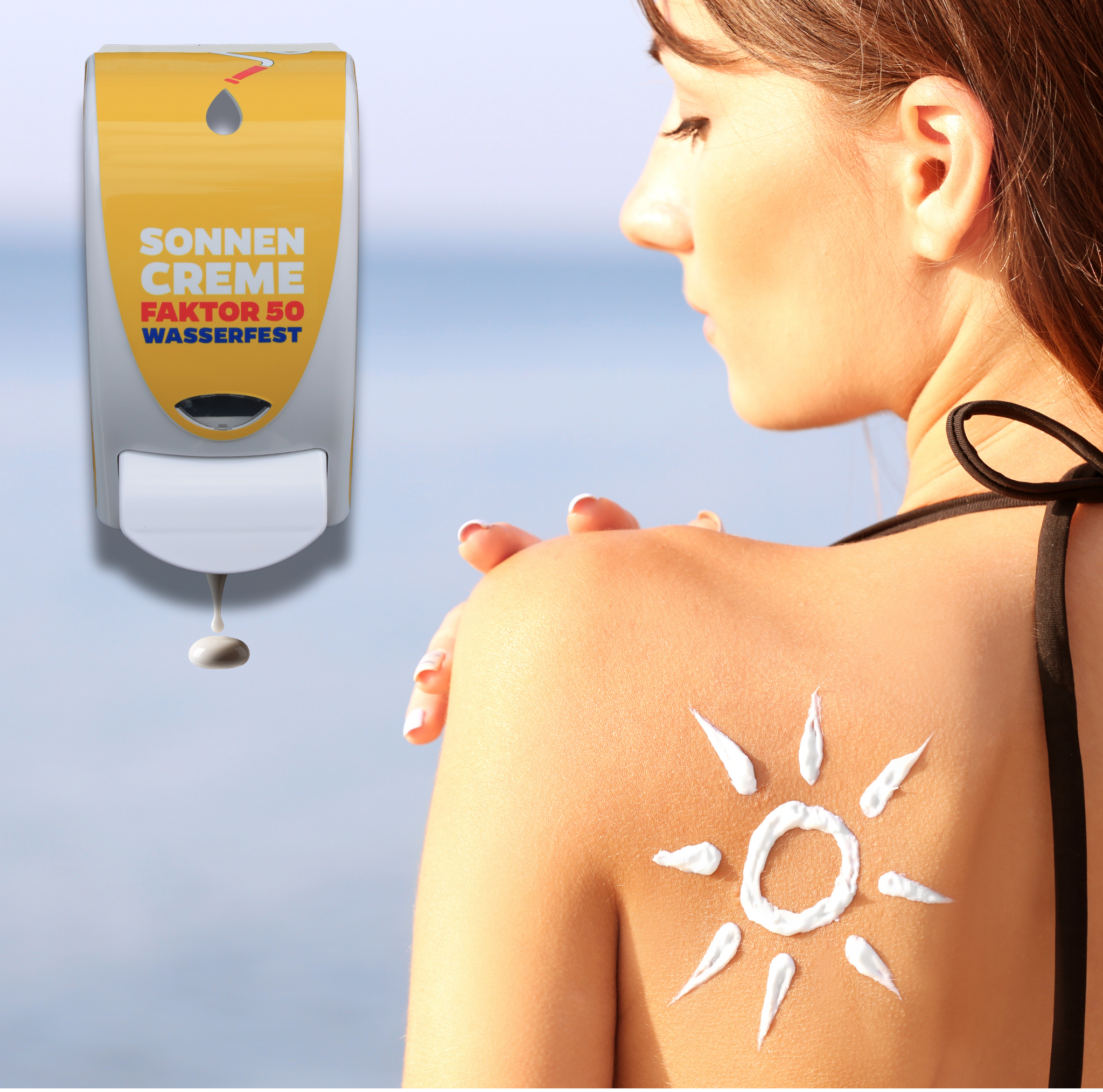 Sunscreen Dispenser Robust Design SPF 50 German Text - Faktor50-Gelb_foto DE