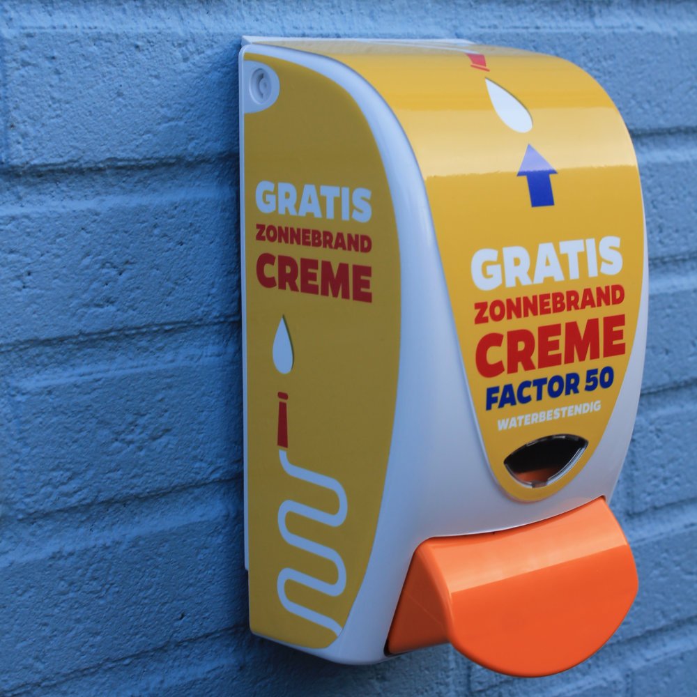 Distributeur de crème solaire SPF 50, design robuste, texte néerlandais