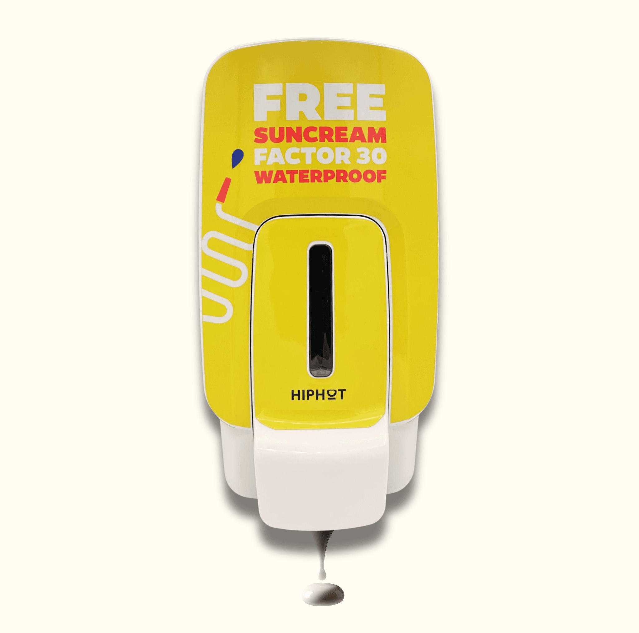 Distributeur de crème solaire jaune SPF 30, texte anglais