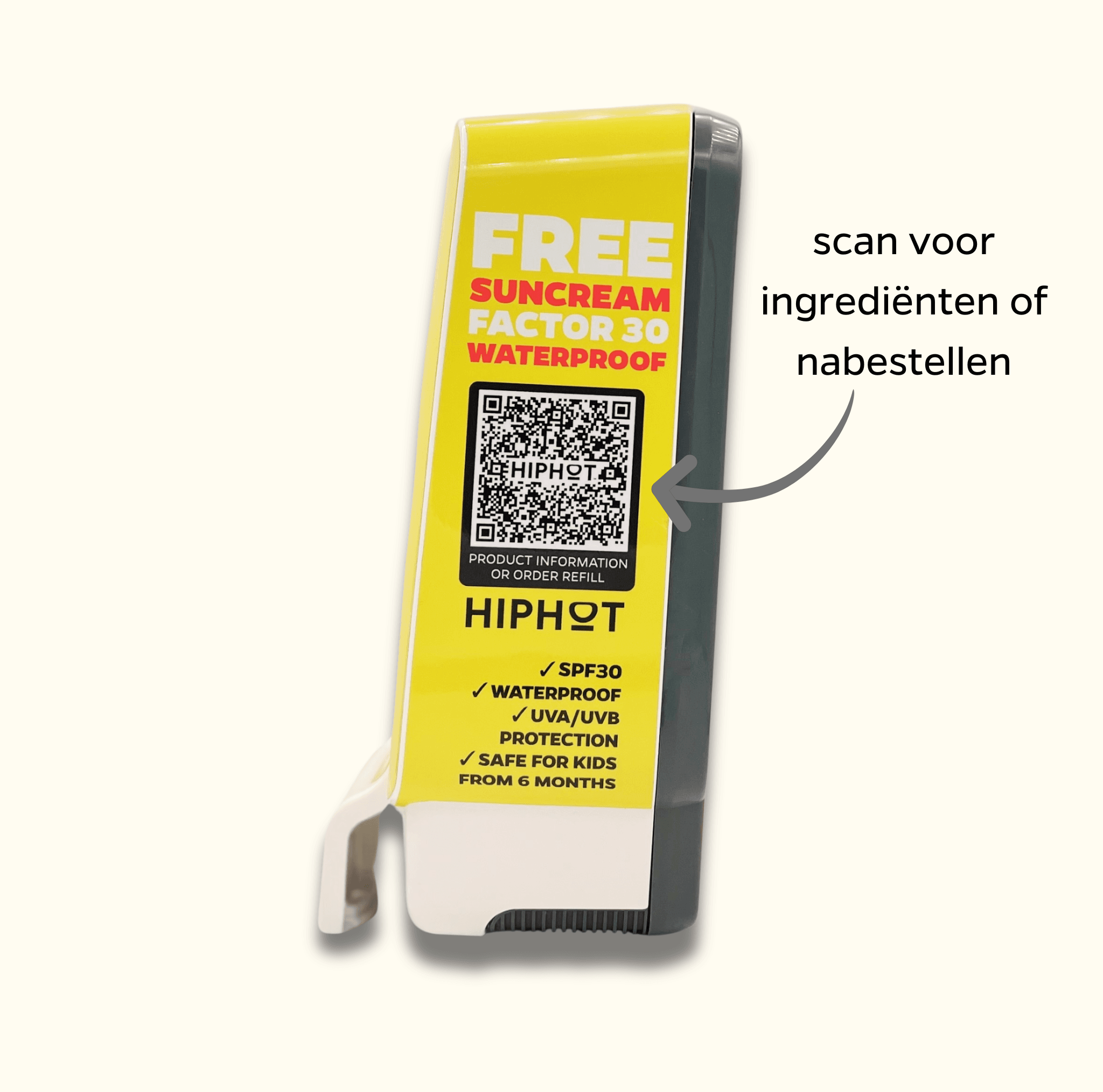 Distributeur de crème solaire jaune SPF 30, texte anglais