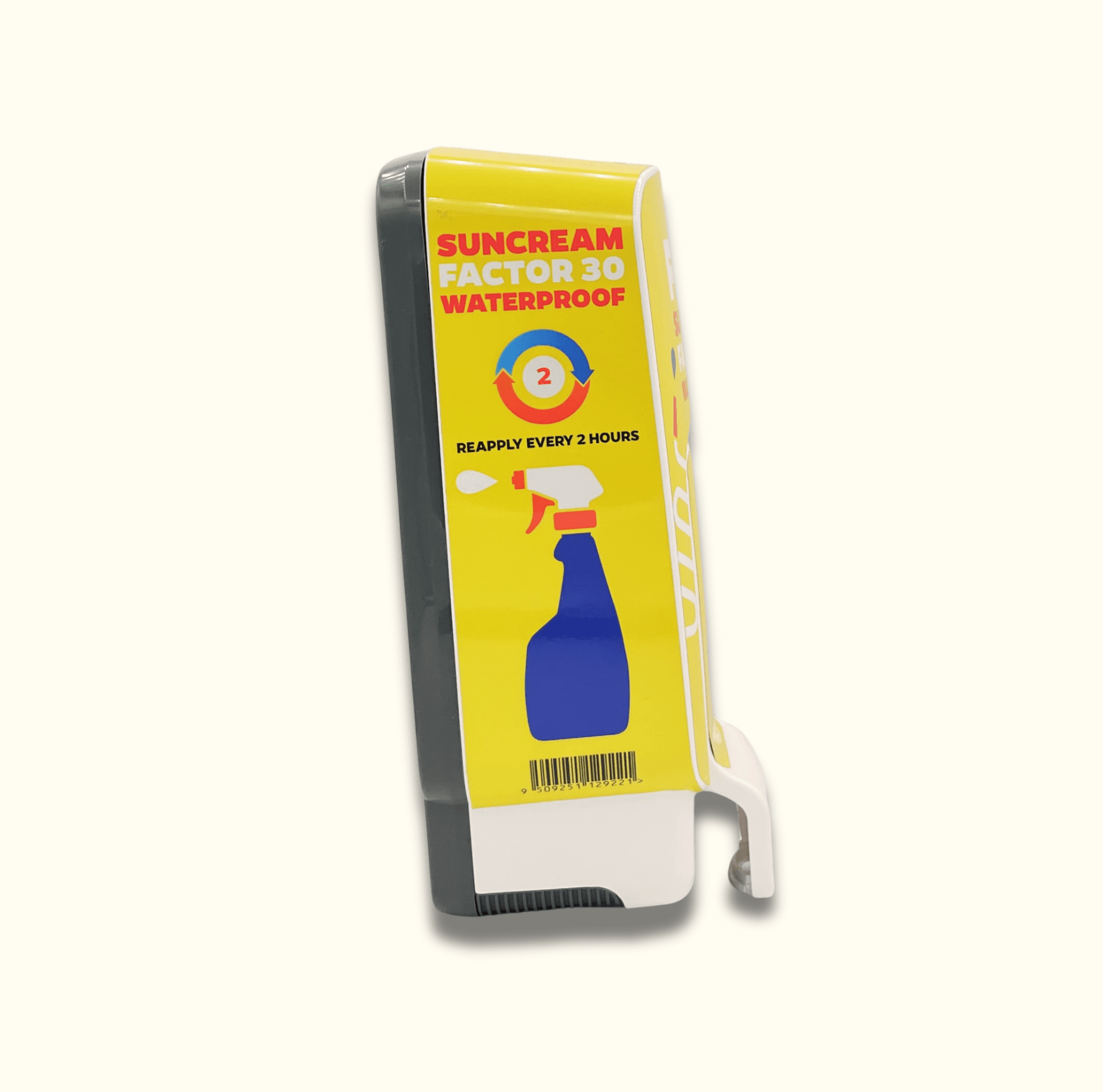 Distributeur de crème solaire jaune SPF 30, texte anglais