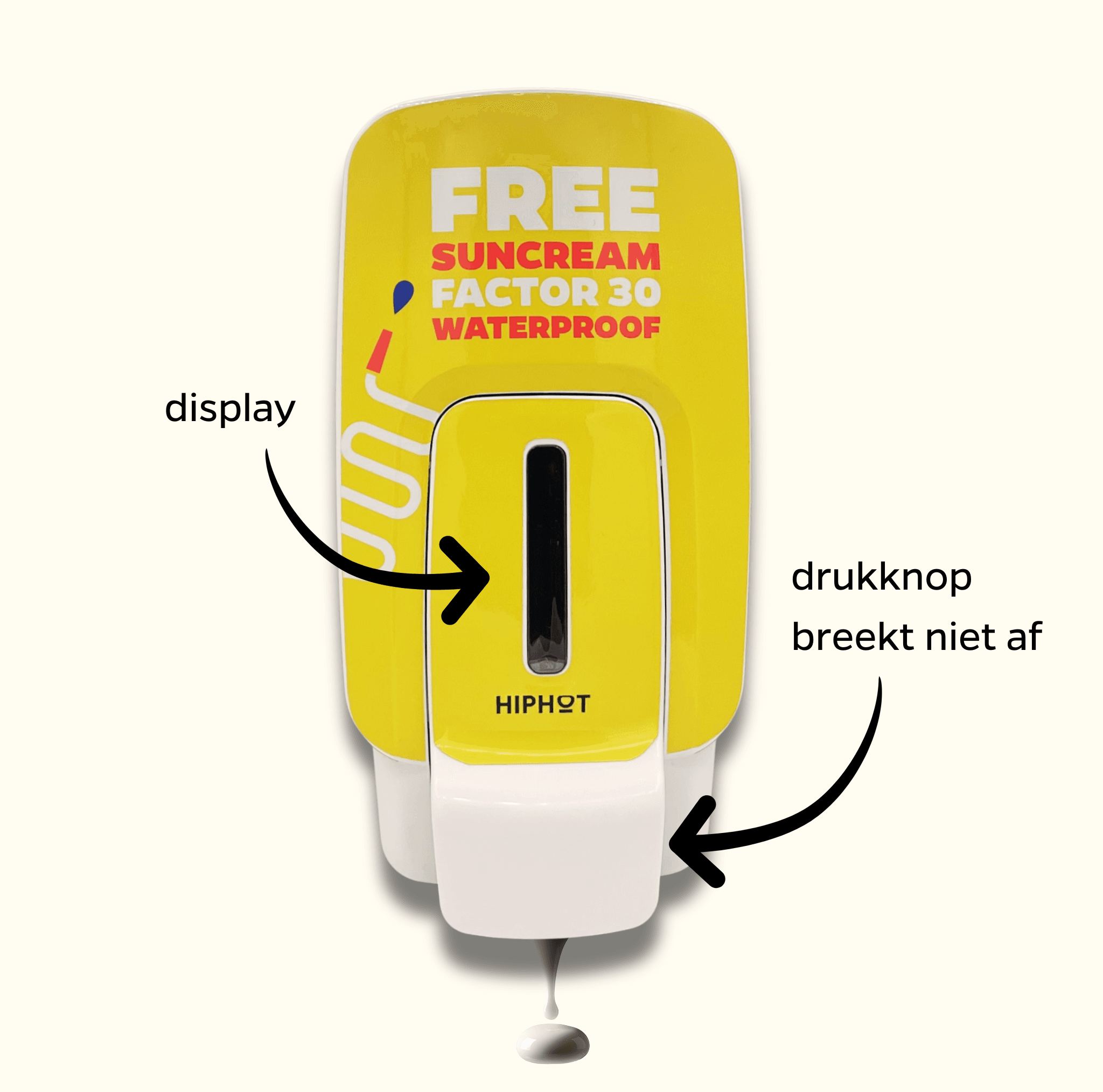 Distributeur de crème solaire jaune SPF 30, texte anglais