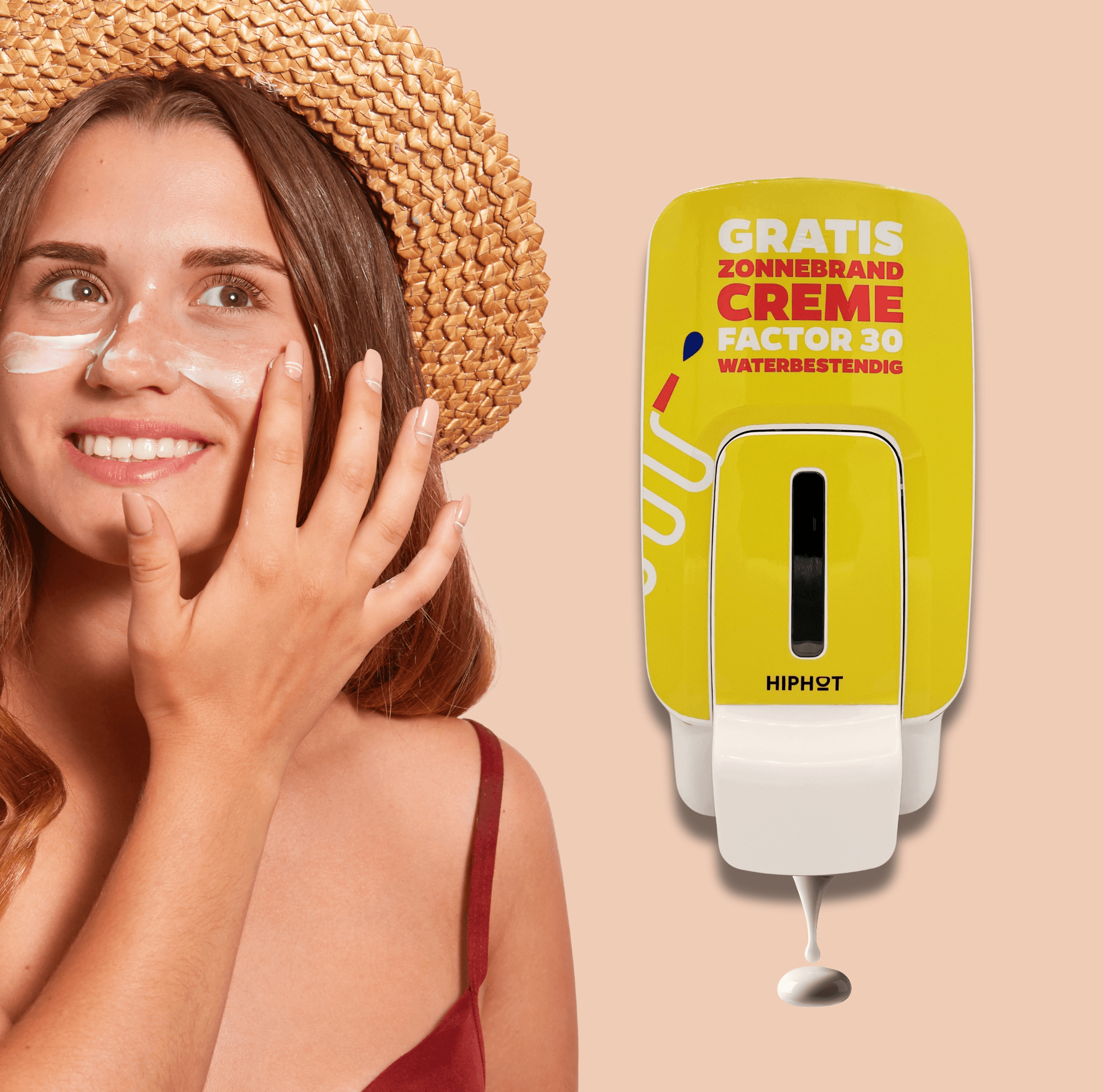 Distributeur de crème solaire jaune SPF 30, texte néerlandais