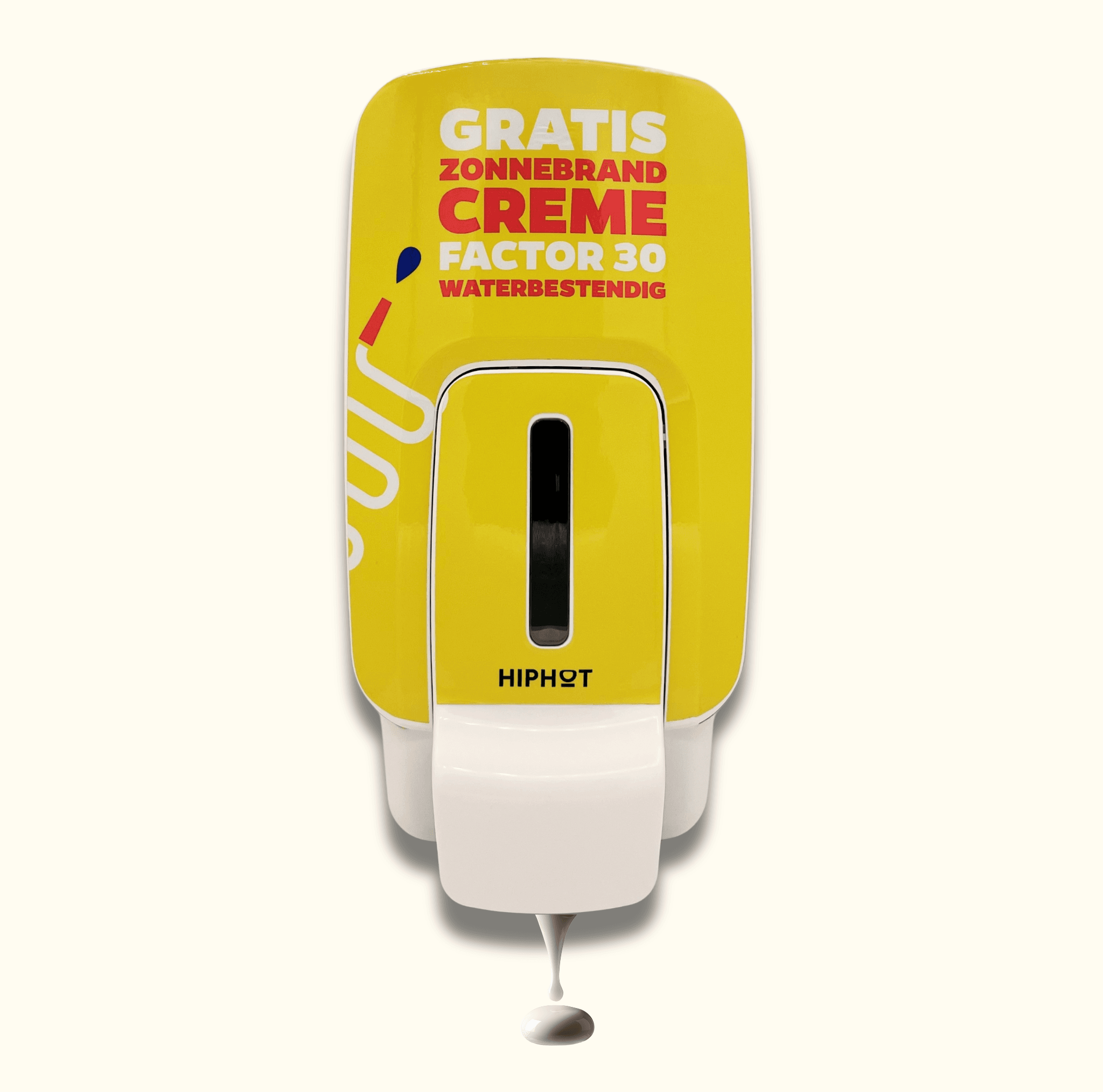 Distributeur de crème solaire jaune SPF 30, texte néerlandais