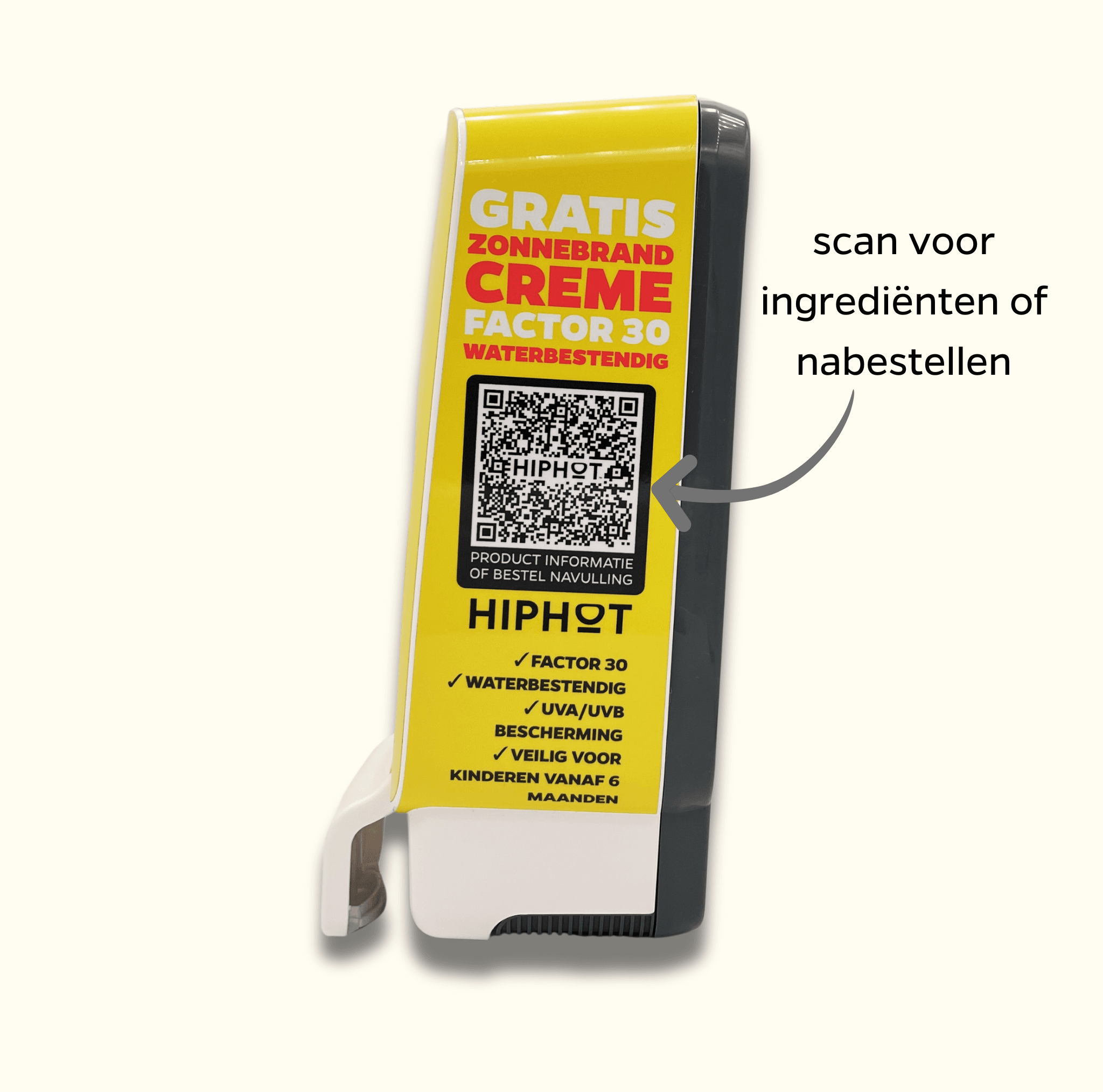Distributeur de crème solaire jaune SPF 30, texte néerlandais