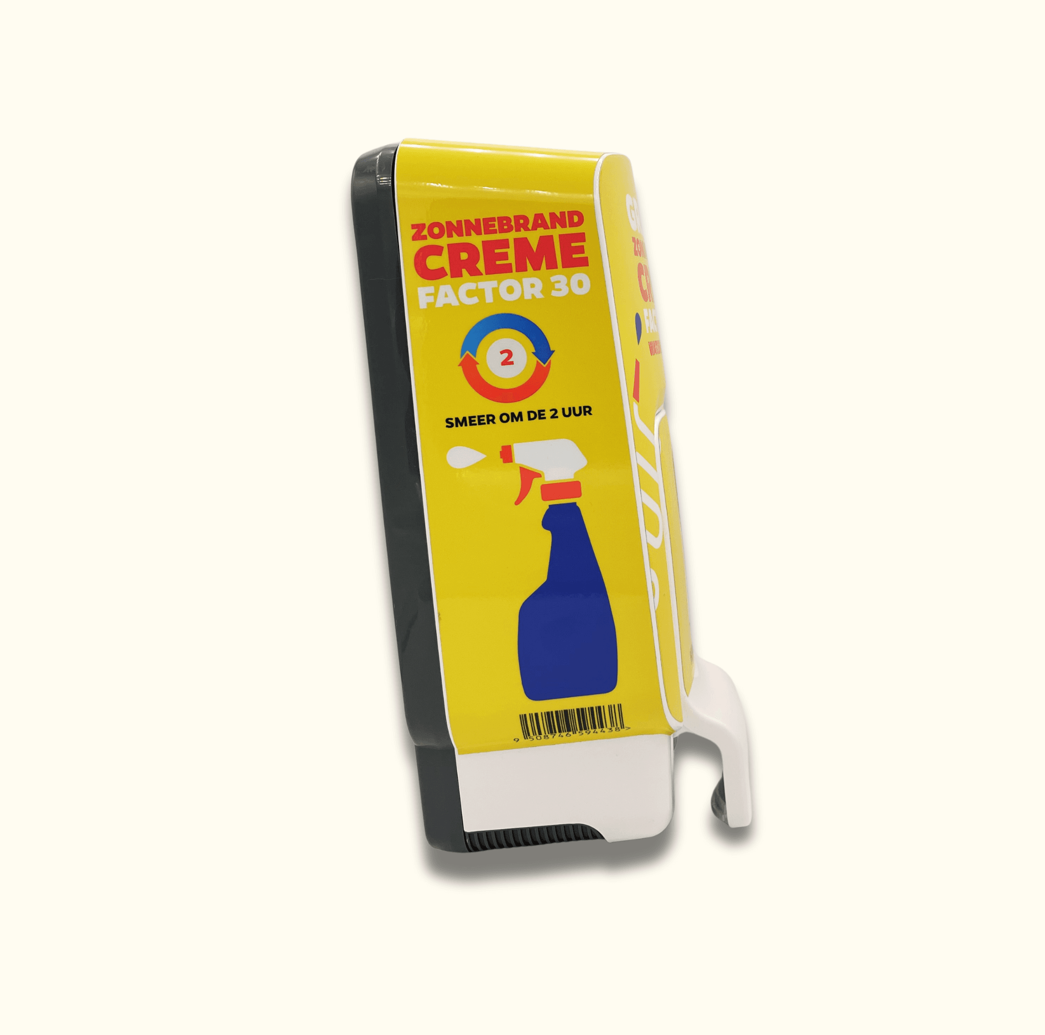 Distributeur de crème solaire jaune SPF 30, texte néerlandais