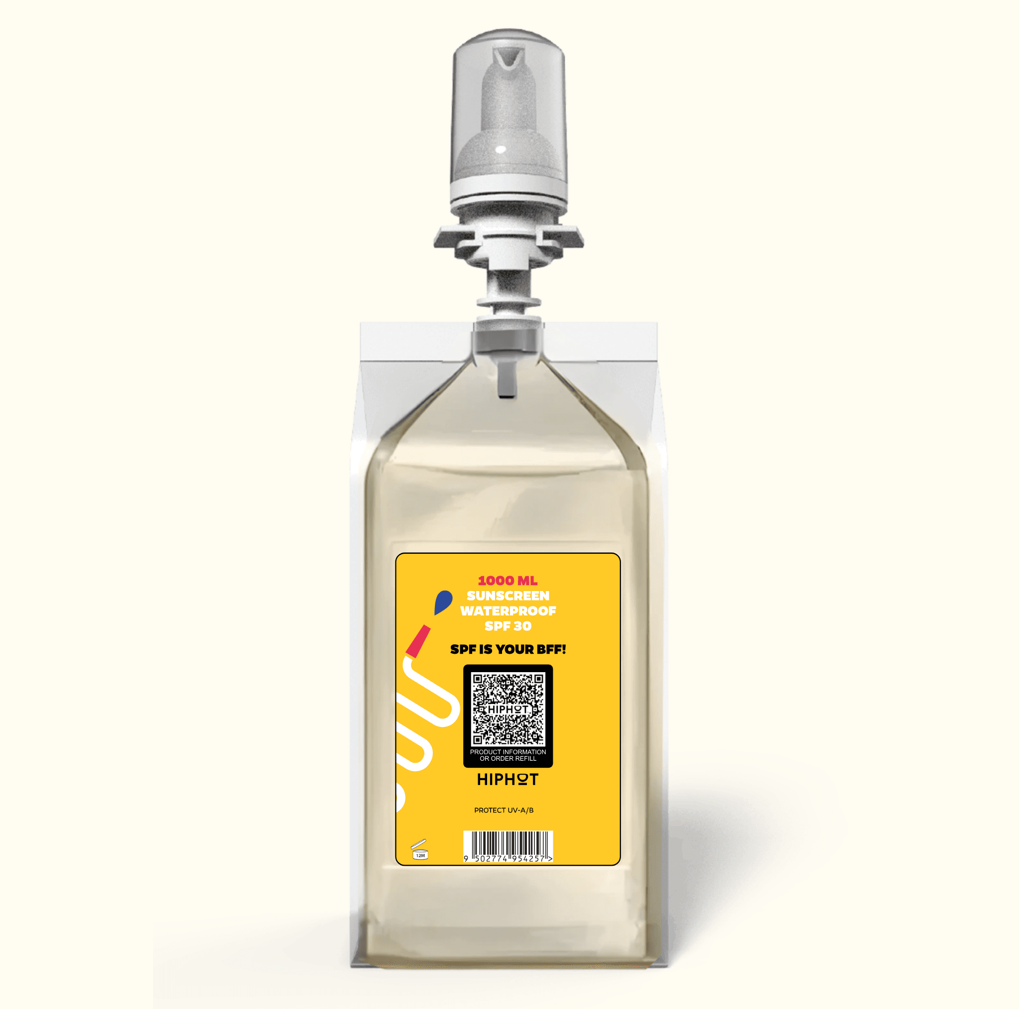 Distributeur de crème solaire jaune SPF 30, texte néerlandais