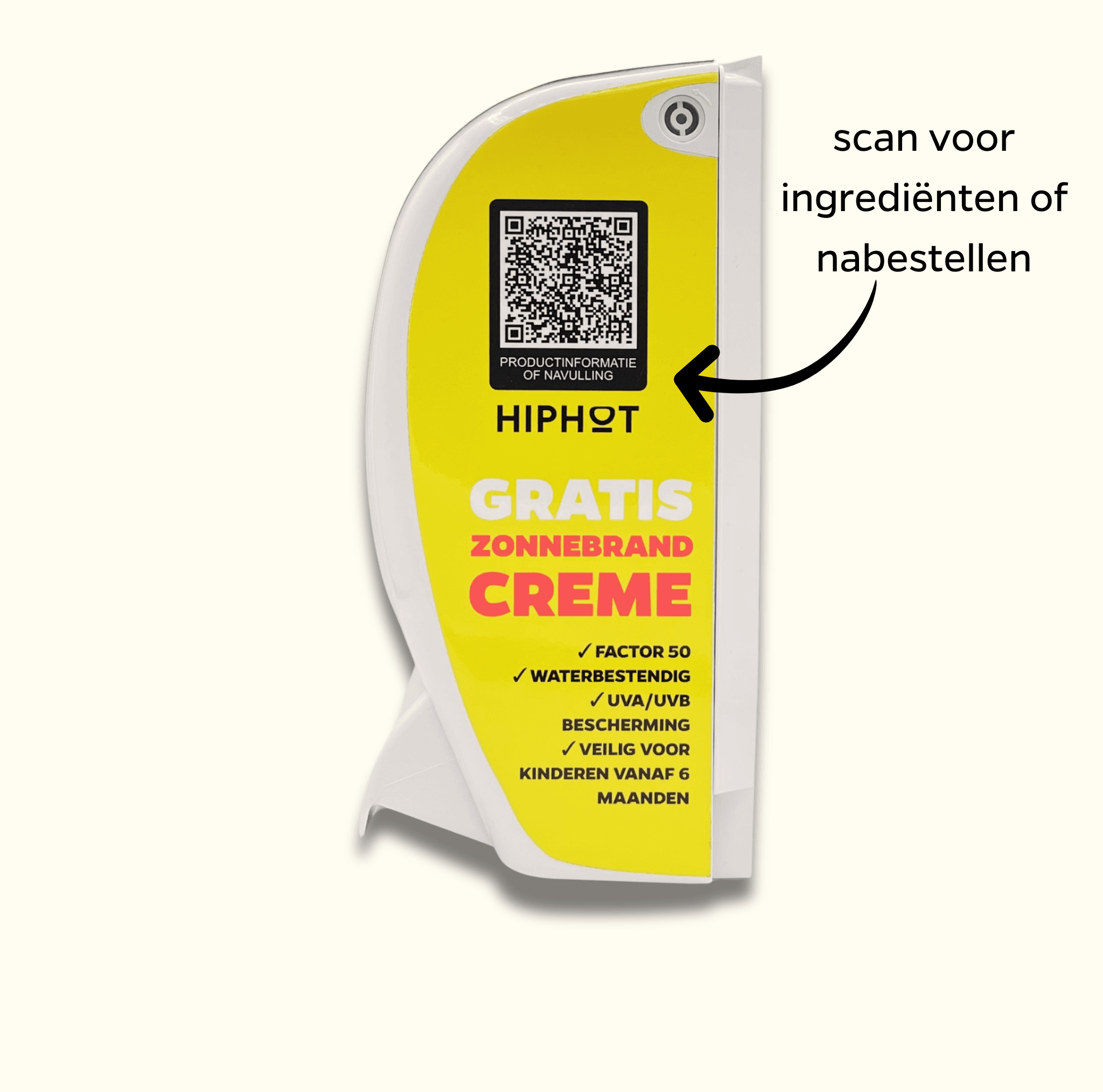 Distributeur de crème solaire SPF 50, design robuste, texte néerlandais