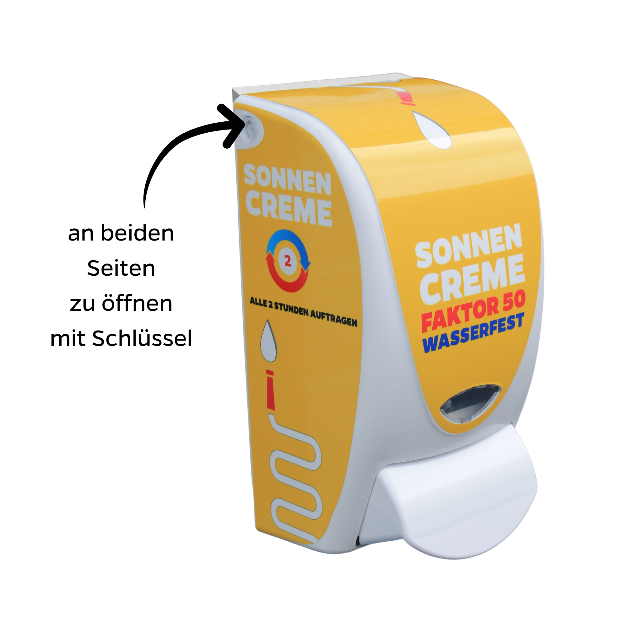 Sunscreen Dispenser Robust Design SPF 50 German Text - Sonnenschutzmittelspender-F50-usp's left DE