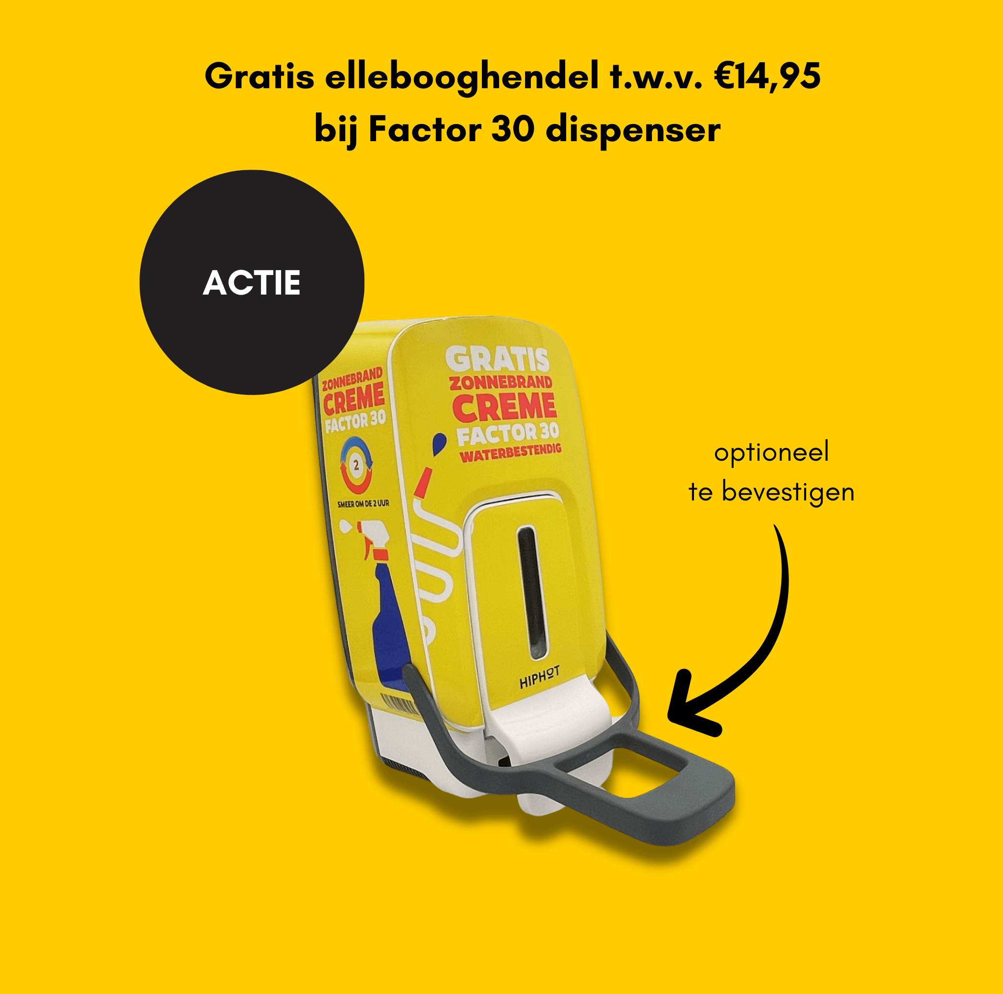 Distributeur de crème solaire jaune SPF 30, texte néerlandais