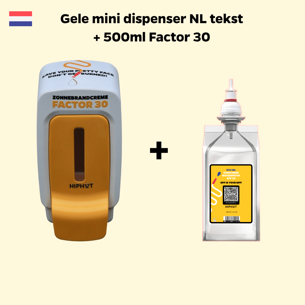 Mini distributeur de crème solaire jaune hollandais + 1/2 litre de crème solaire facteur 30