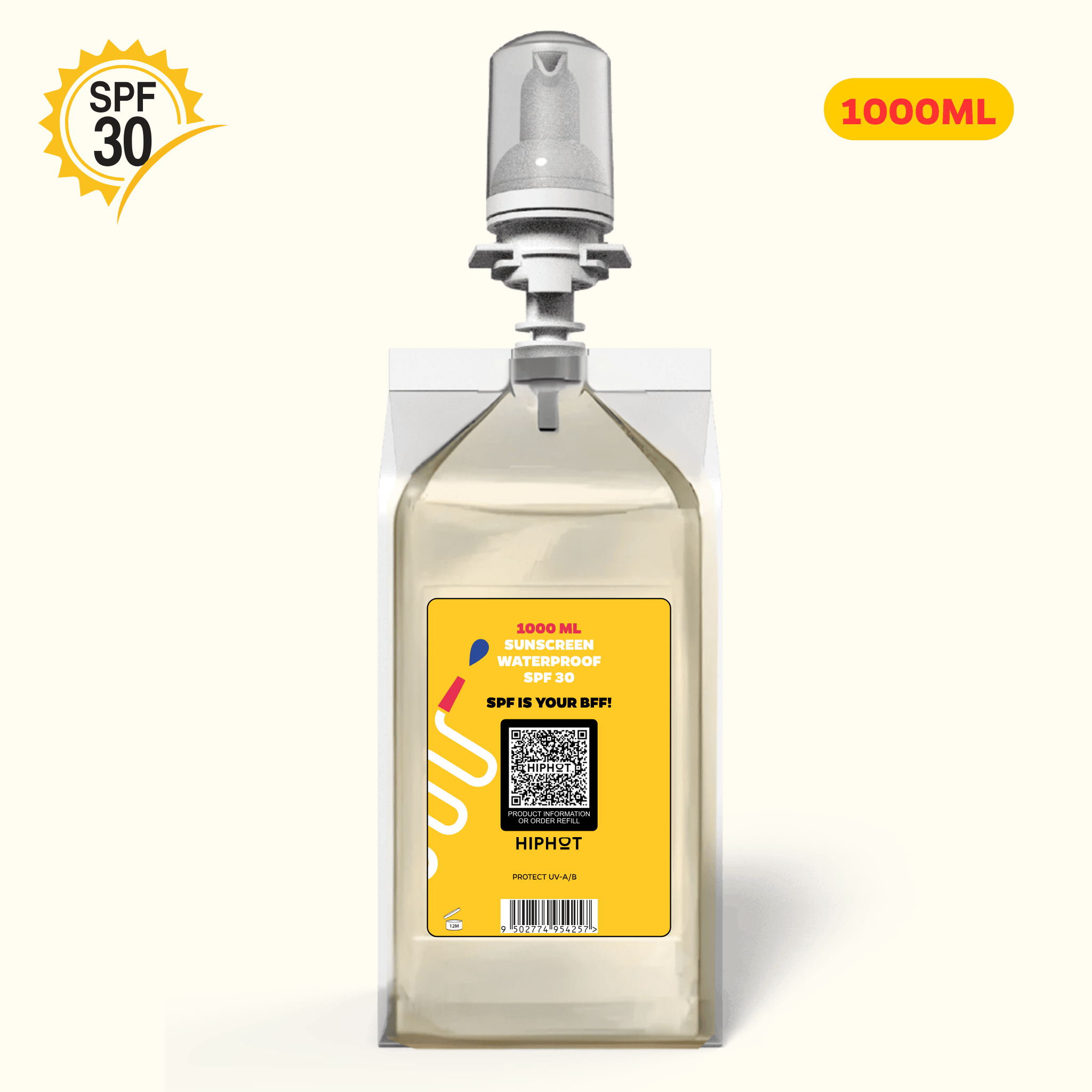 Recharge de crème solaire 1L SPF 30 résistante à l'eau pour distributeur 2500 doses