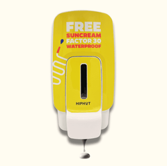 Distributeur de crème solaire jaune SPF 30, texte anglais