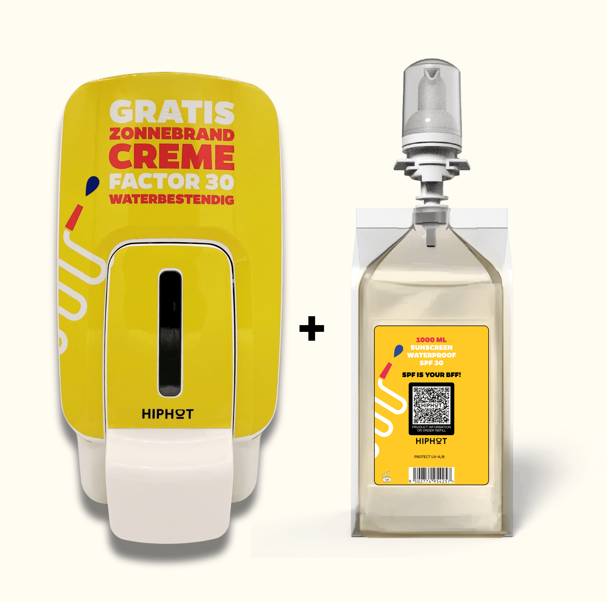 Distributeur de crème solaire jaune cool hollandais + 1 litre de crème solaire facteur 30