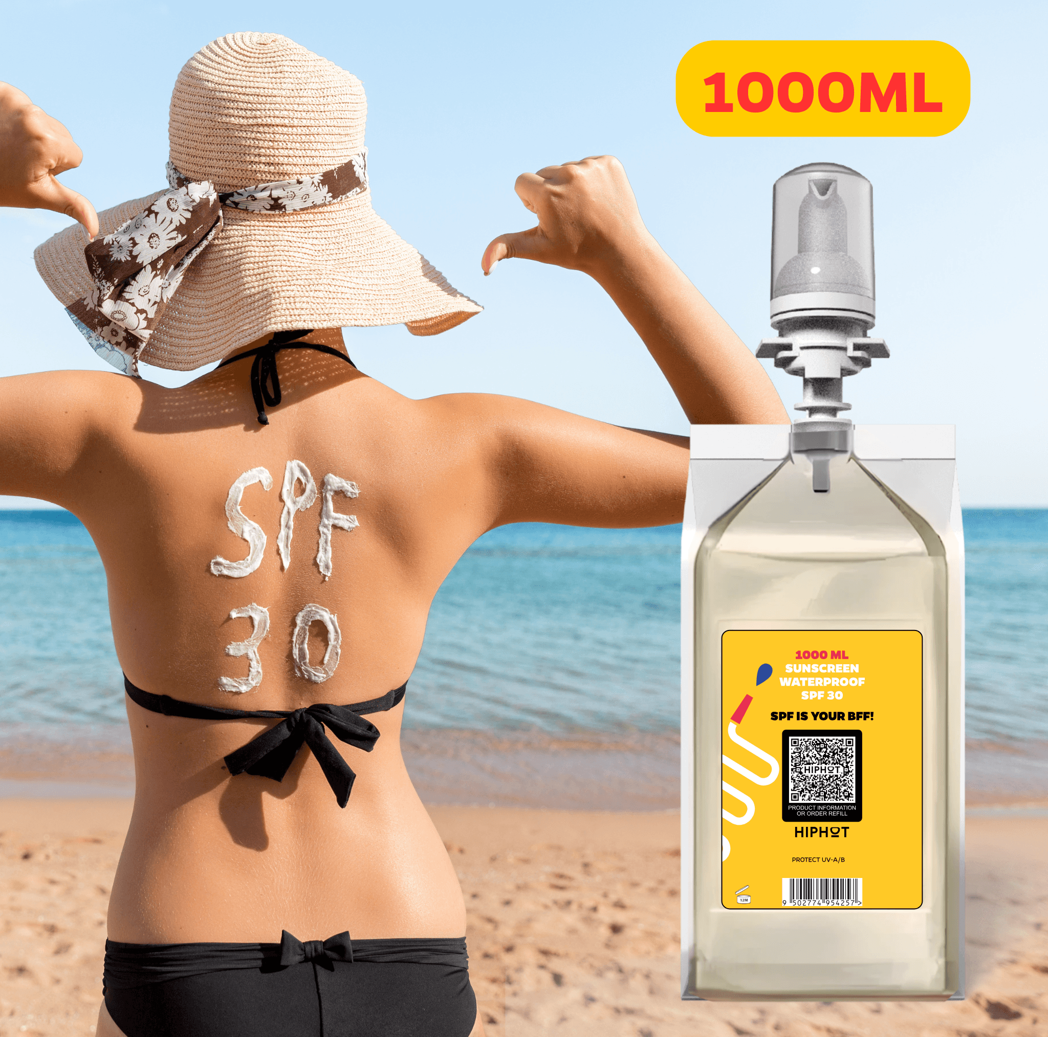 Distributeur de crème solaire avec 1 L de crème solaire SPF 30