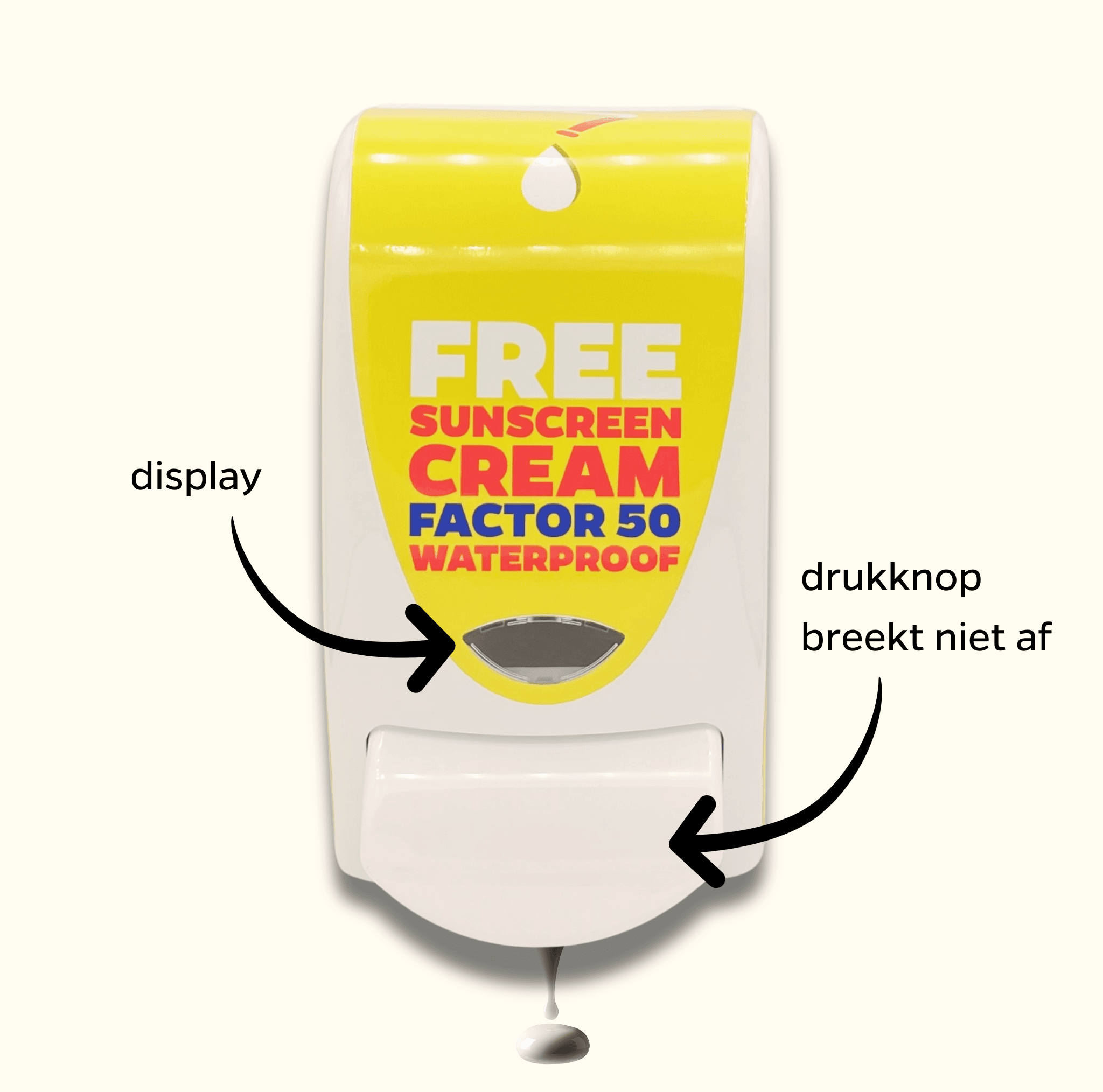 SPF 50 sunscreen dispenser English print front