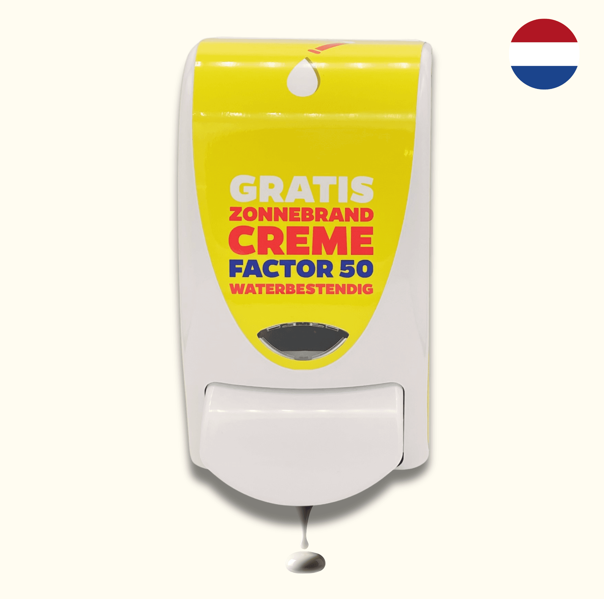 Distributeur de crème solaire SPF 50, design robuste, texte néerlandais